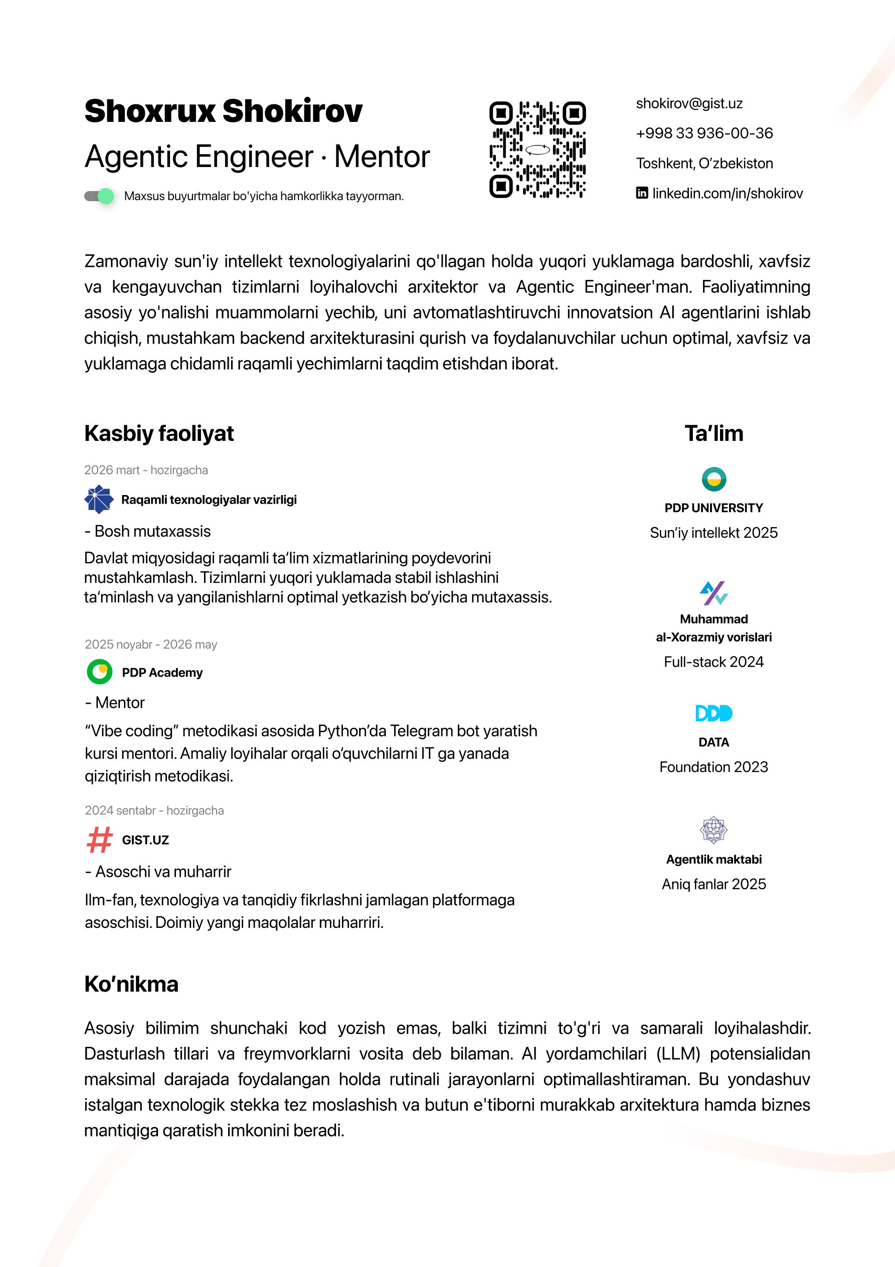 Shoxrux Shokirov — resume